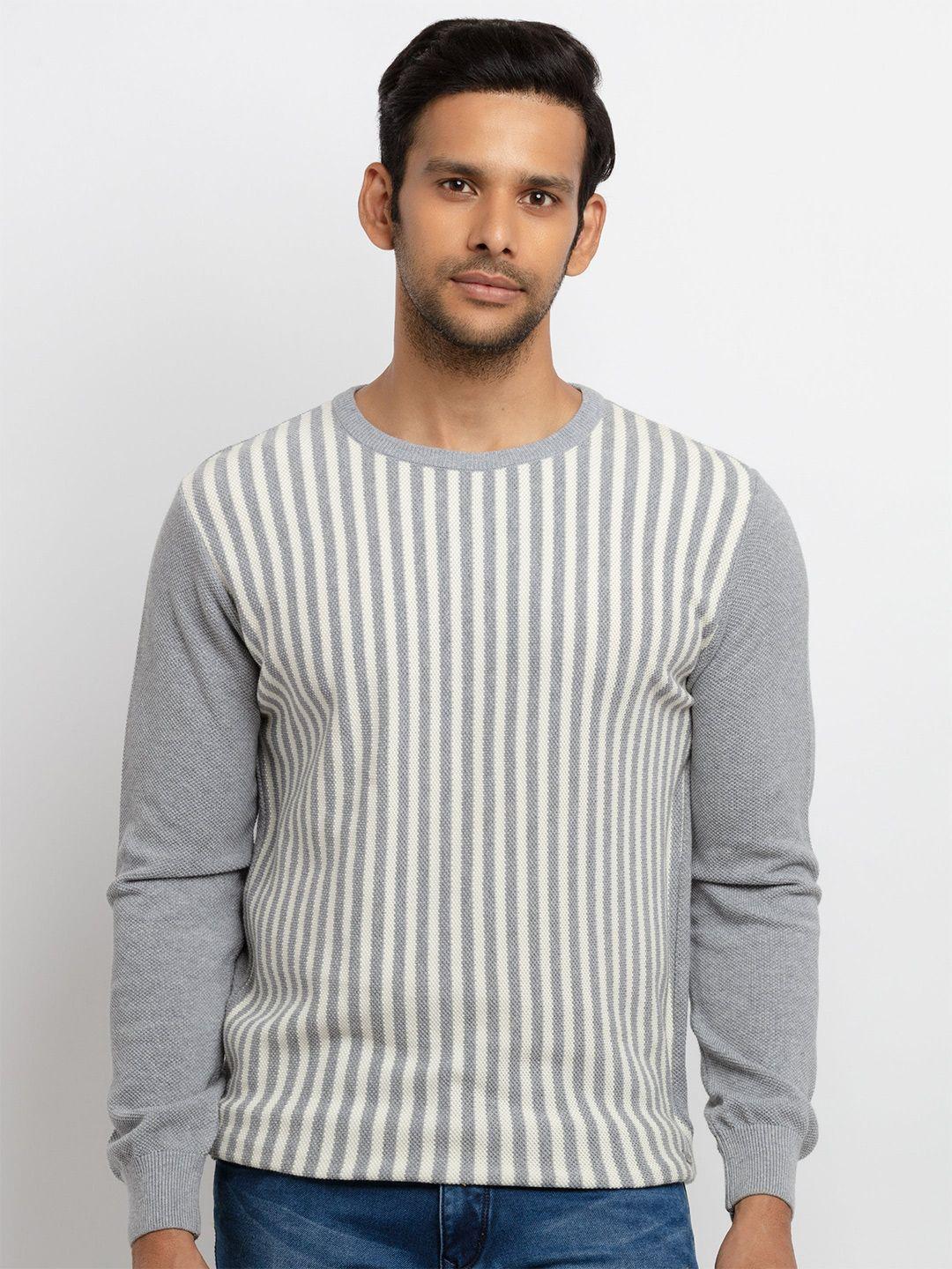 status quo men grey & off white striped round neck sweater