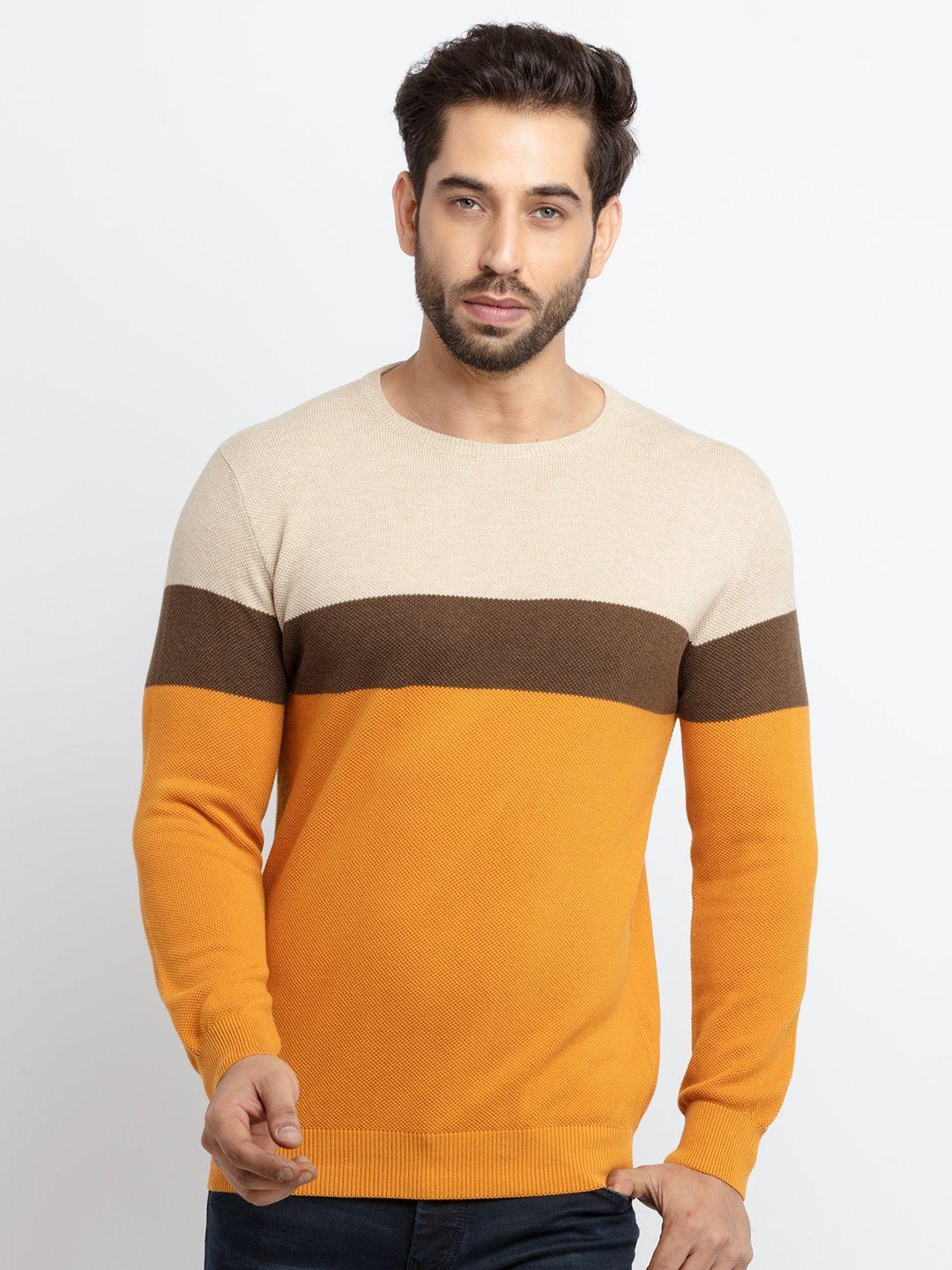 status quo men mustard & beige colourblocked cotton sweater