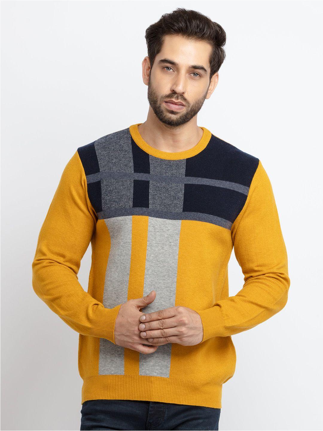 status quo men mustard & grey colourblocked acrylic pullover sweater