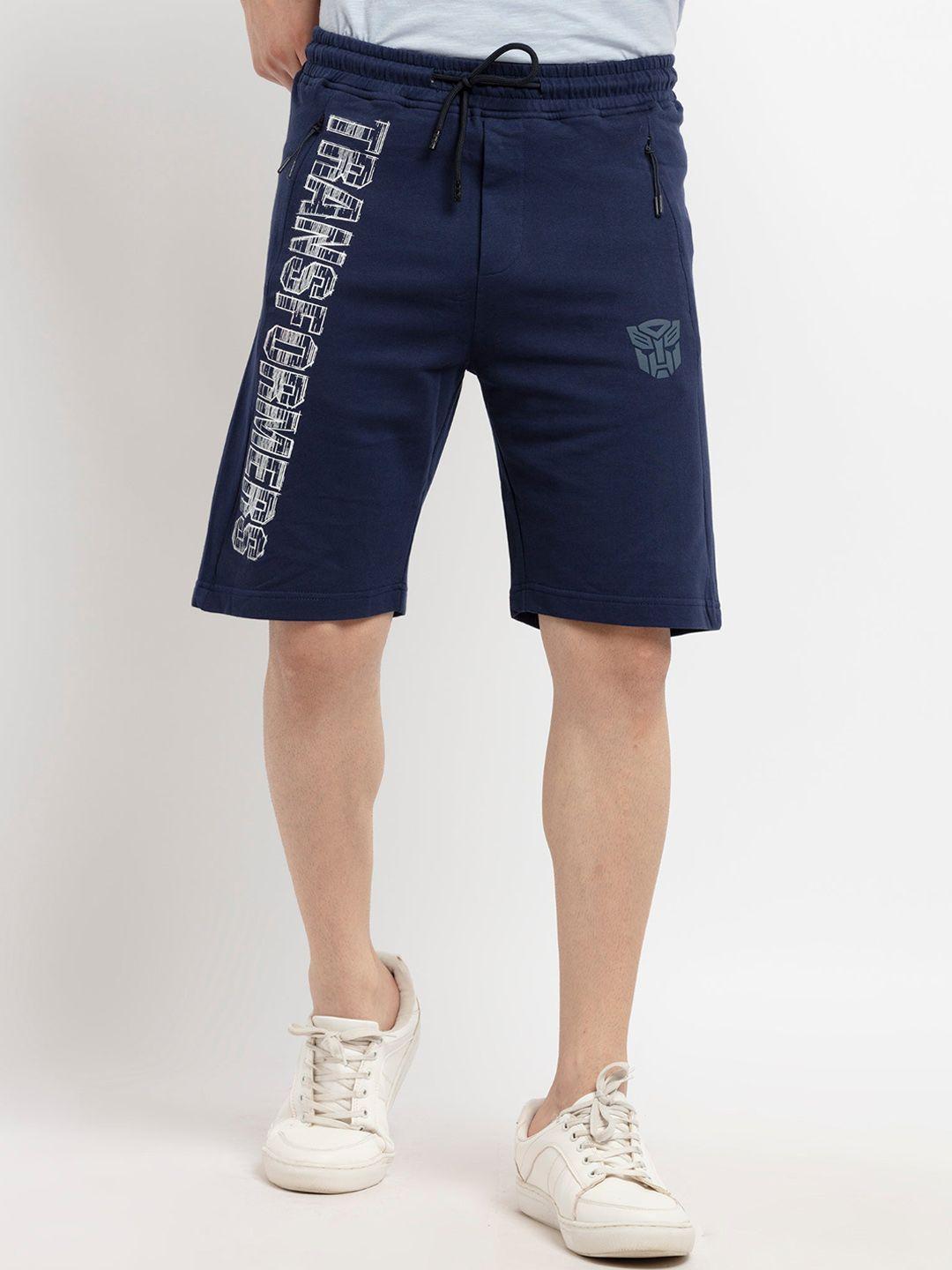 status quo men navy blue & white transformers printed cotton shorts