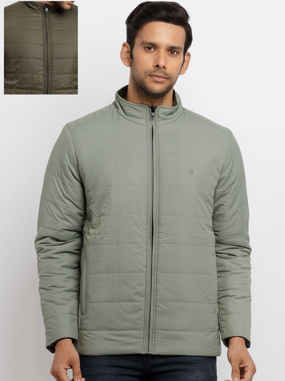 status quo men olive green & grey reversible puffer jacket