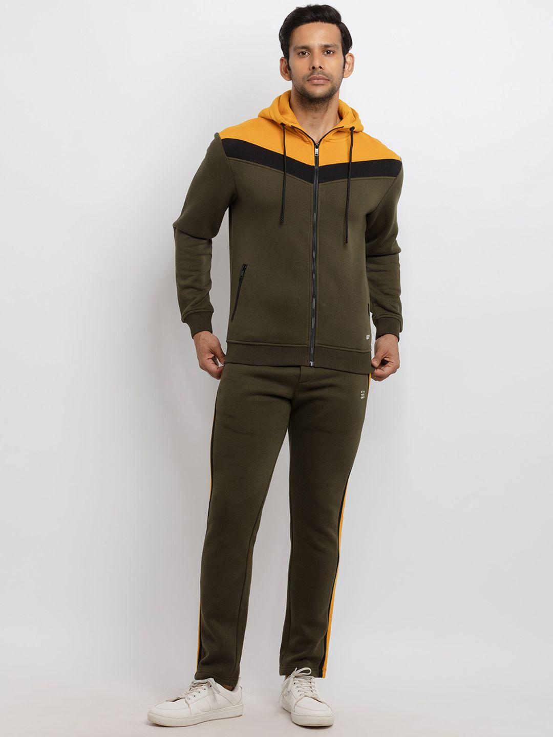 status quo men olive green & mustard yellow solid cotton hooded tracksuit