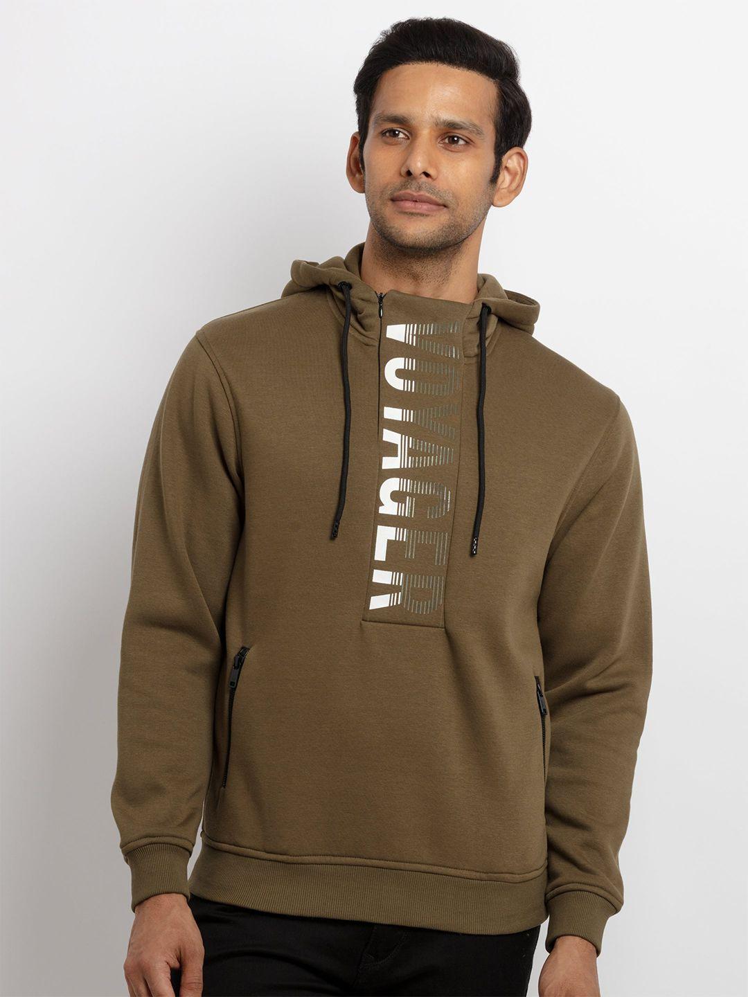 status quo men olive green printed hooded sweatshirt