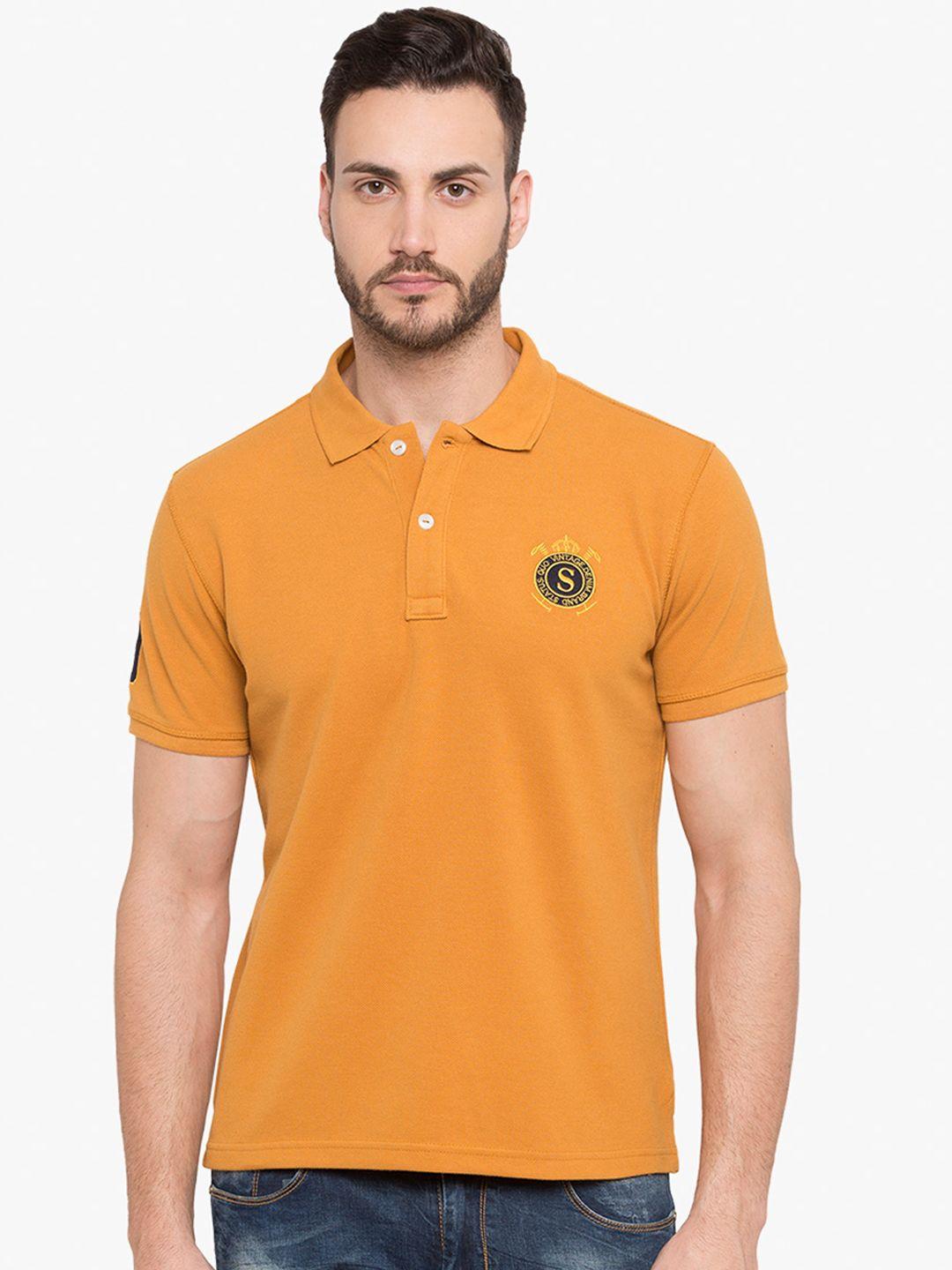status quo men orange solid polo collar pure cotton t-shirt