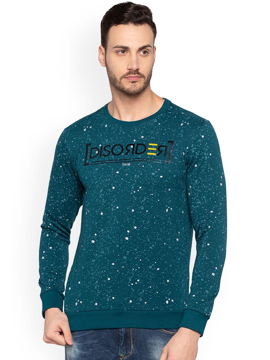 status quo men teal blue printed slim fit sweatshirt