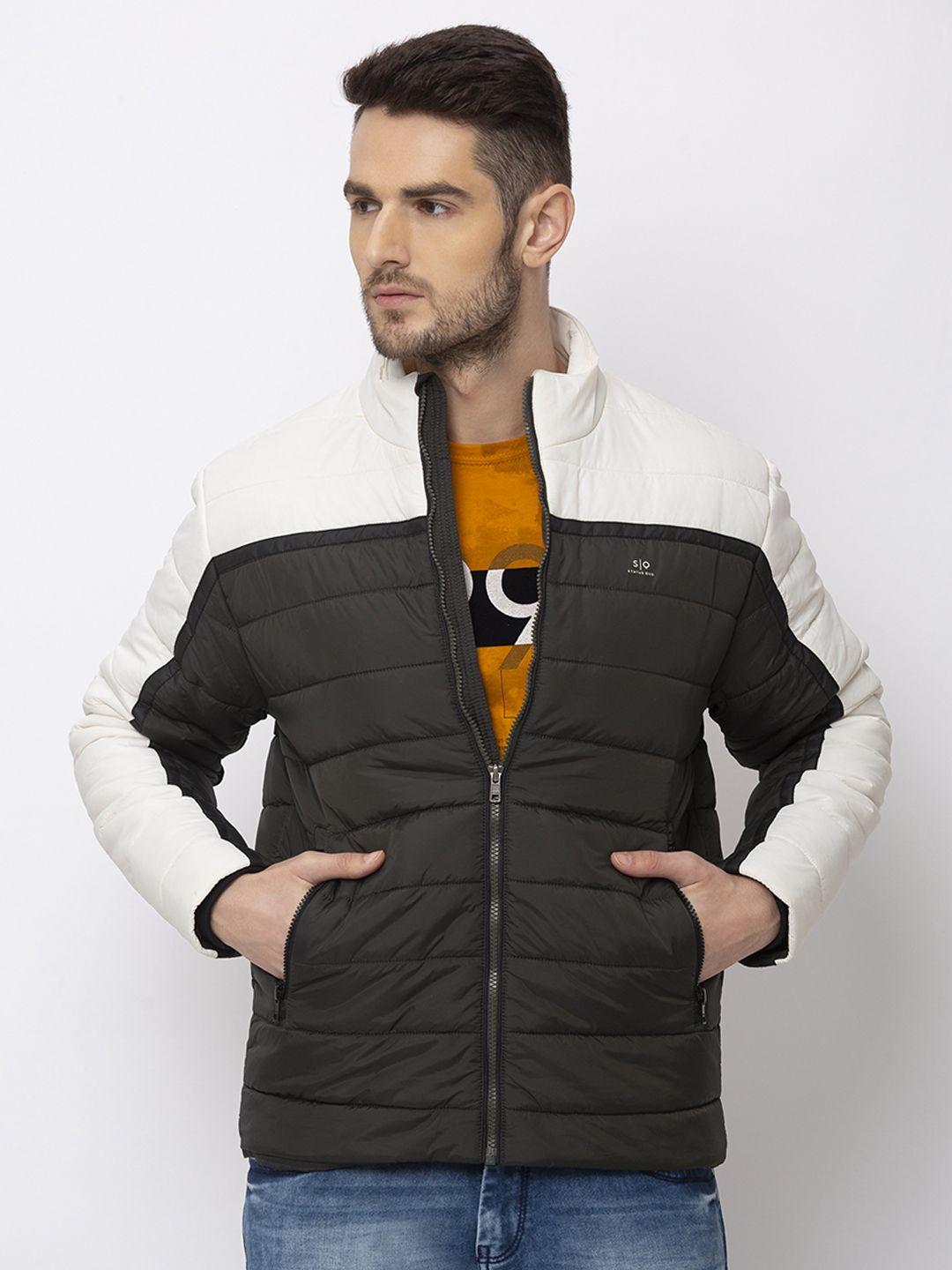 status quo men white & olive green colourblocked puffer jacket