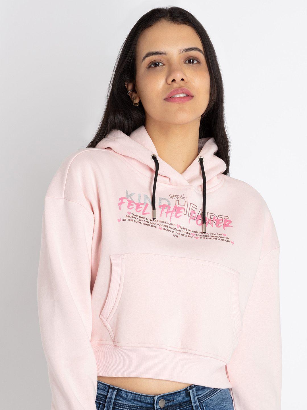 status quo printed cotton hooded crop sweatshirt