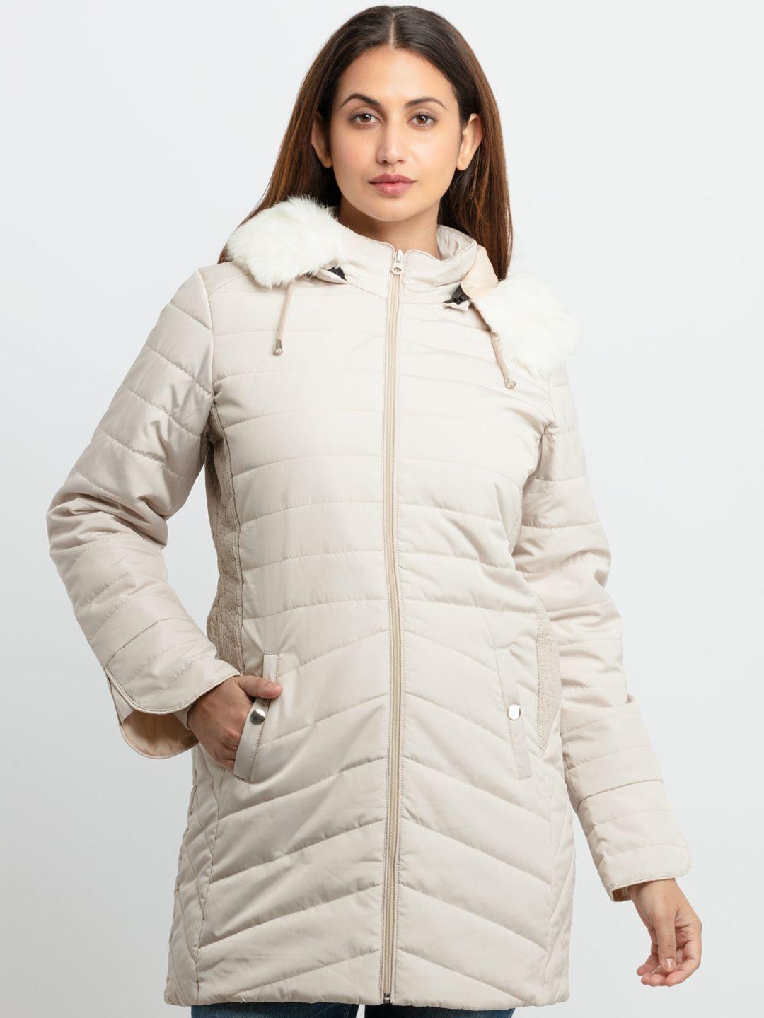 status quo women beige longline padded jacket