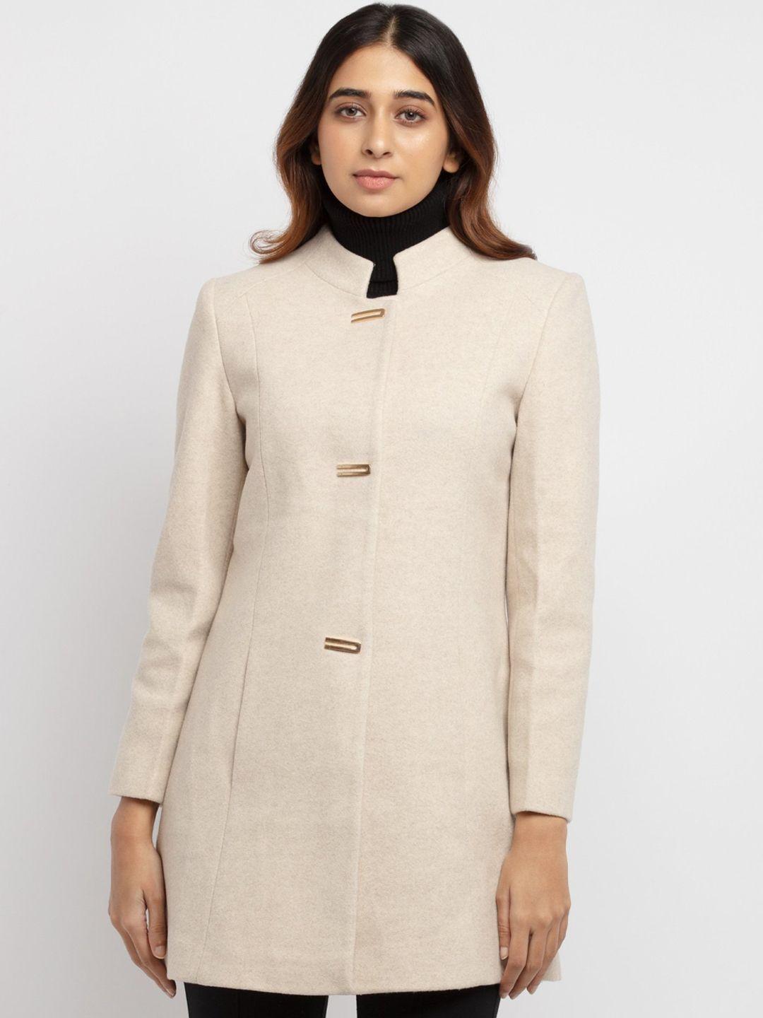 status quo women beige solid longline tailored jacket