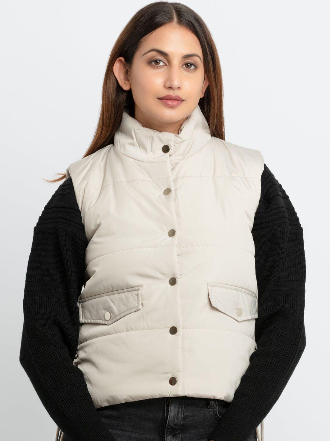 status quo women beige solid padded jacket