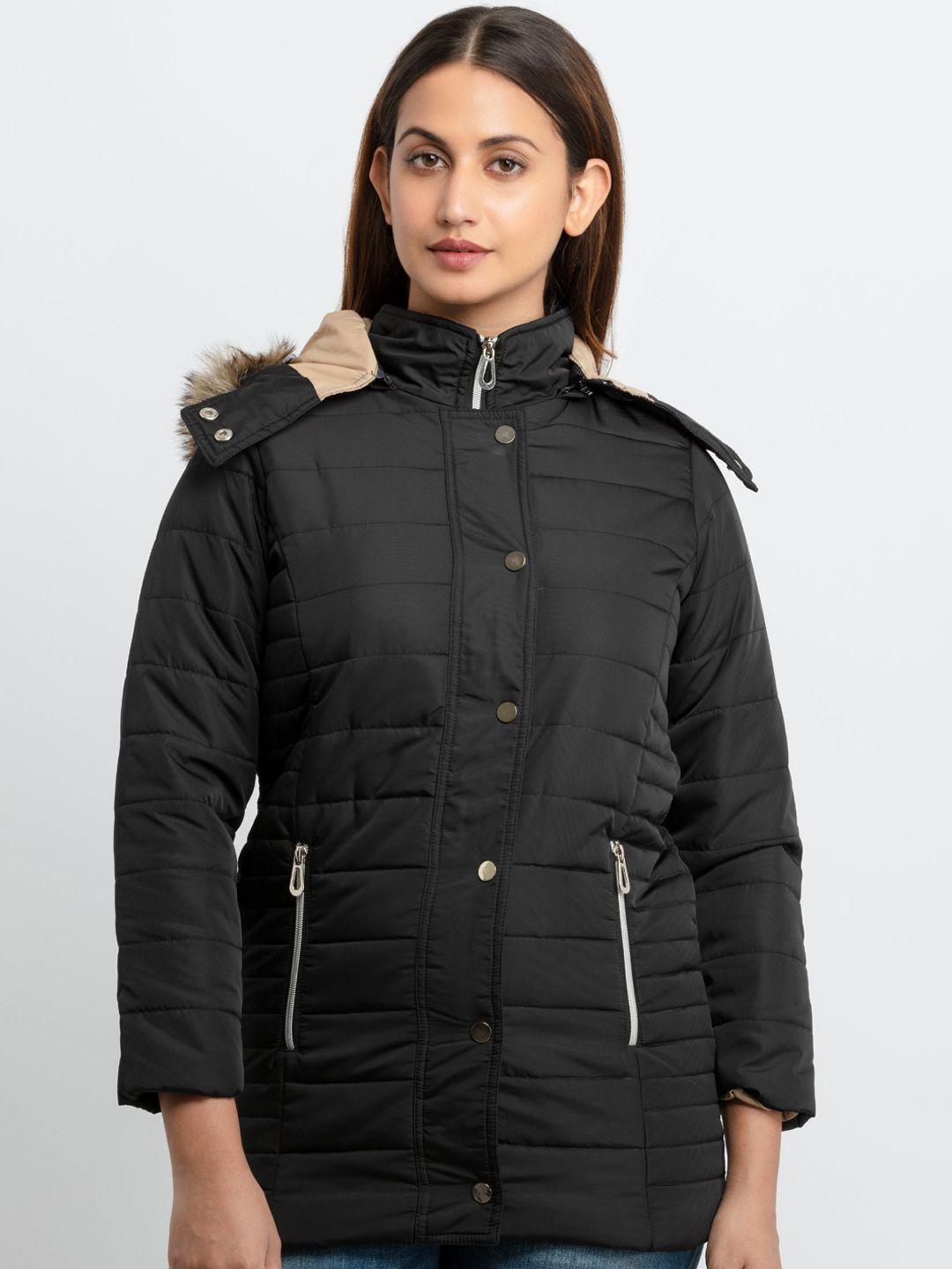 status quo women black solid quilted hooded jacket