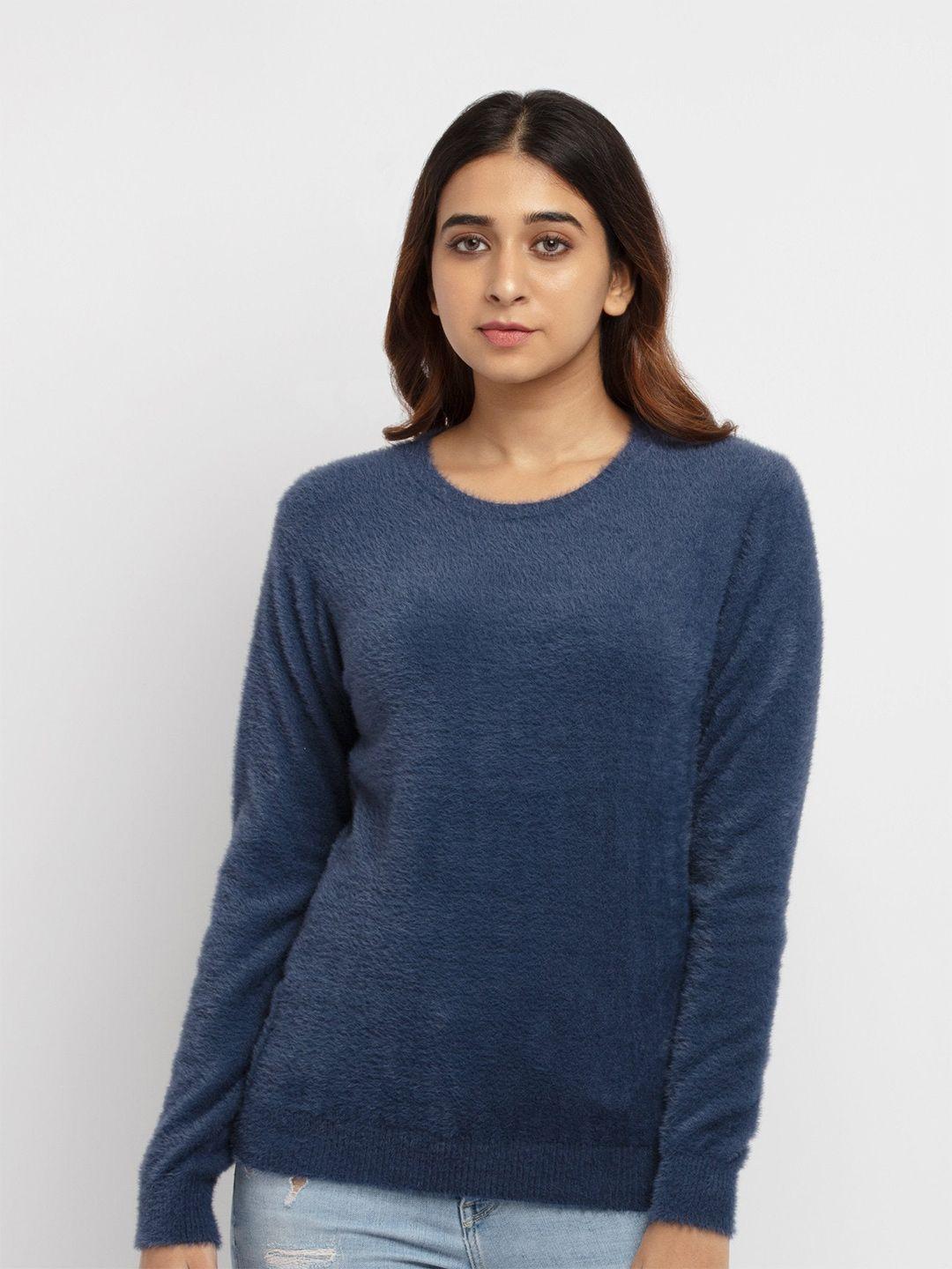 status quo women blue pullover with fuzzy detail