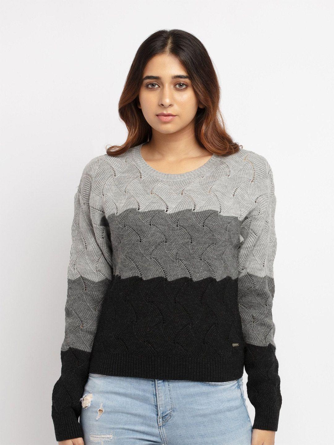 status quo women grey & black cable knit colourblocked pullover