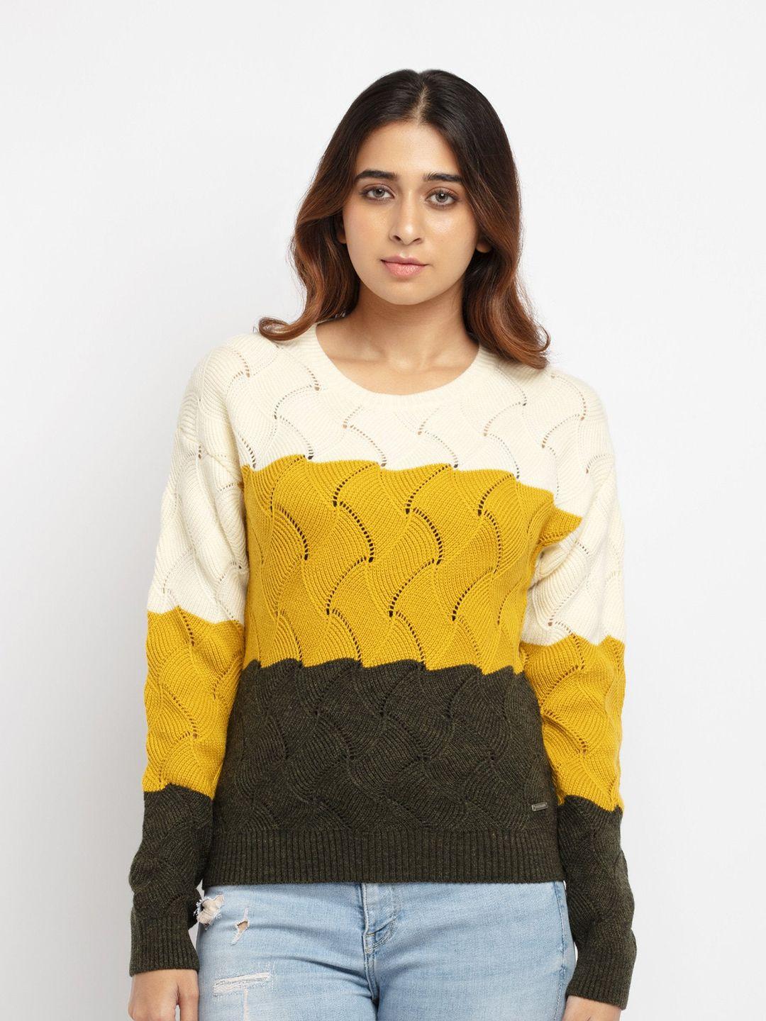 status quo women mustard & cream-coloured colourblocked pullover