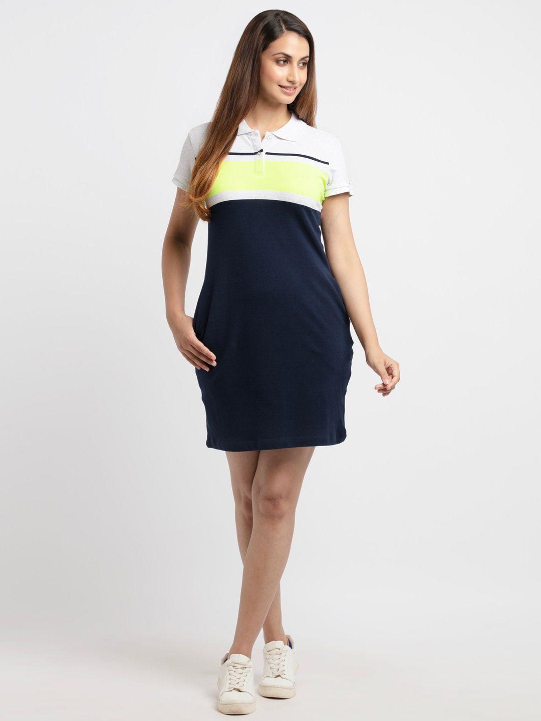 status quo women navy blue & yellow colourblocked cotton t-shirt dress