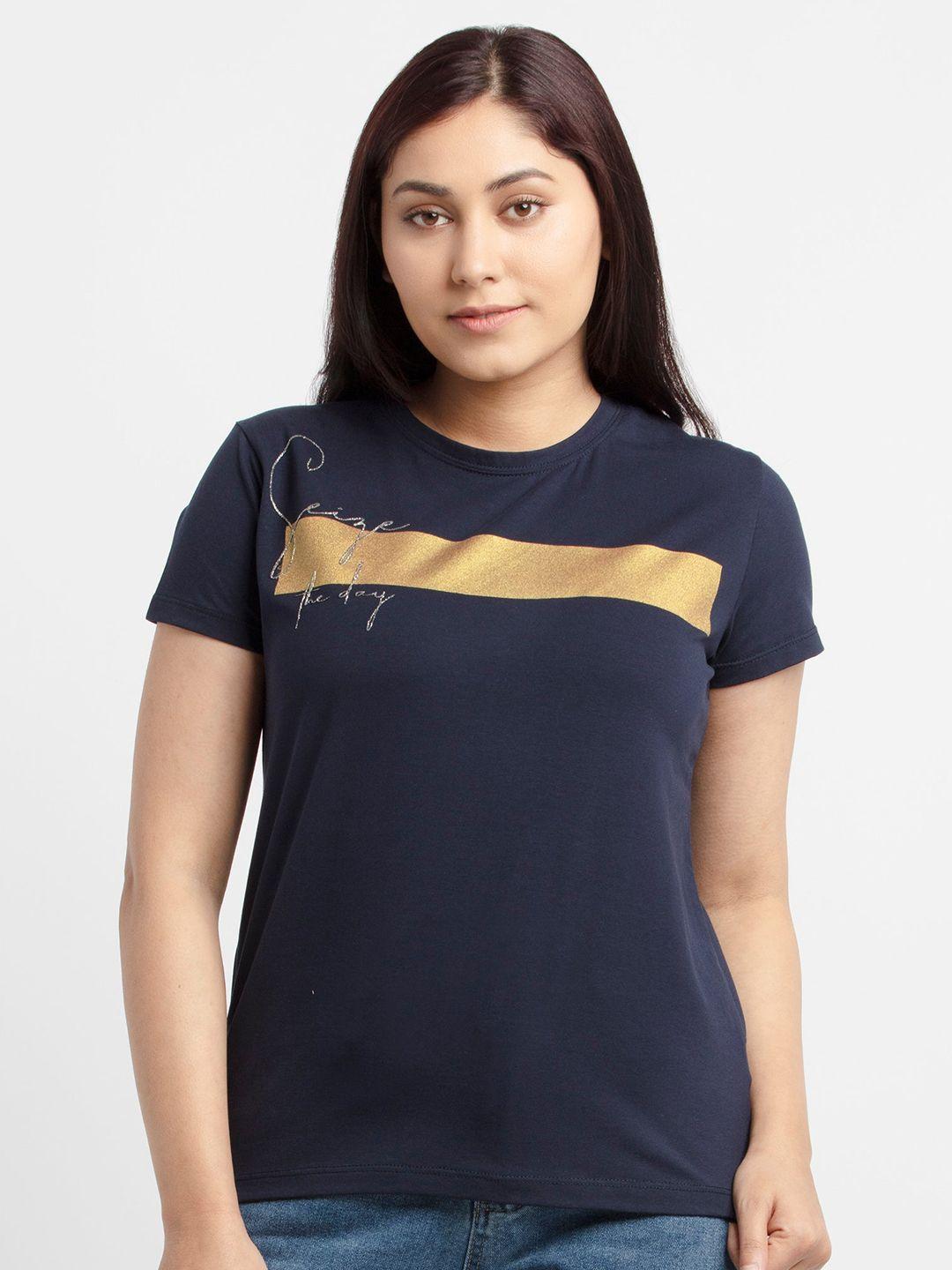 status quo women navy blue printed cotton t-shirt