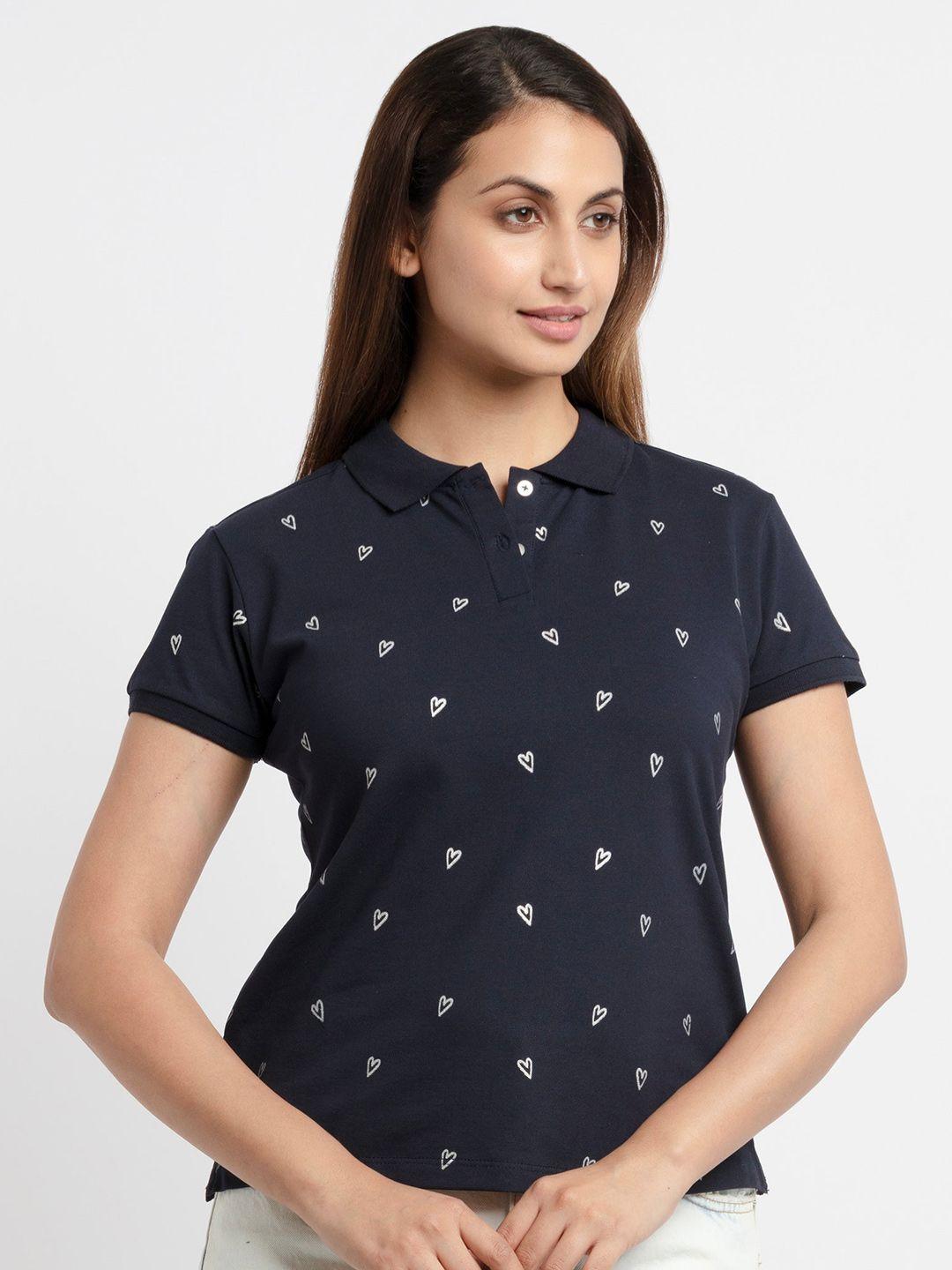 status quo women navy blue printed polo collar t-shirt