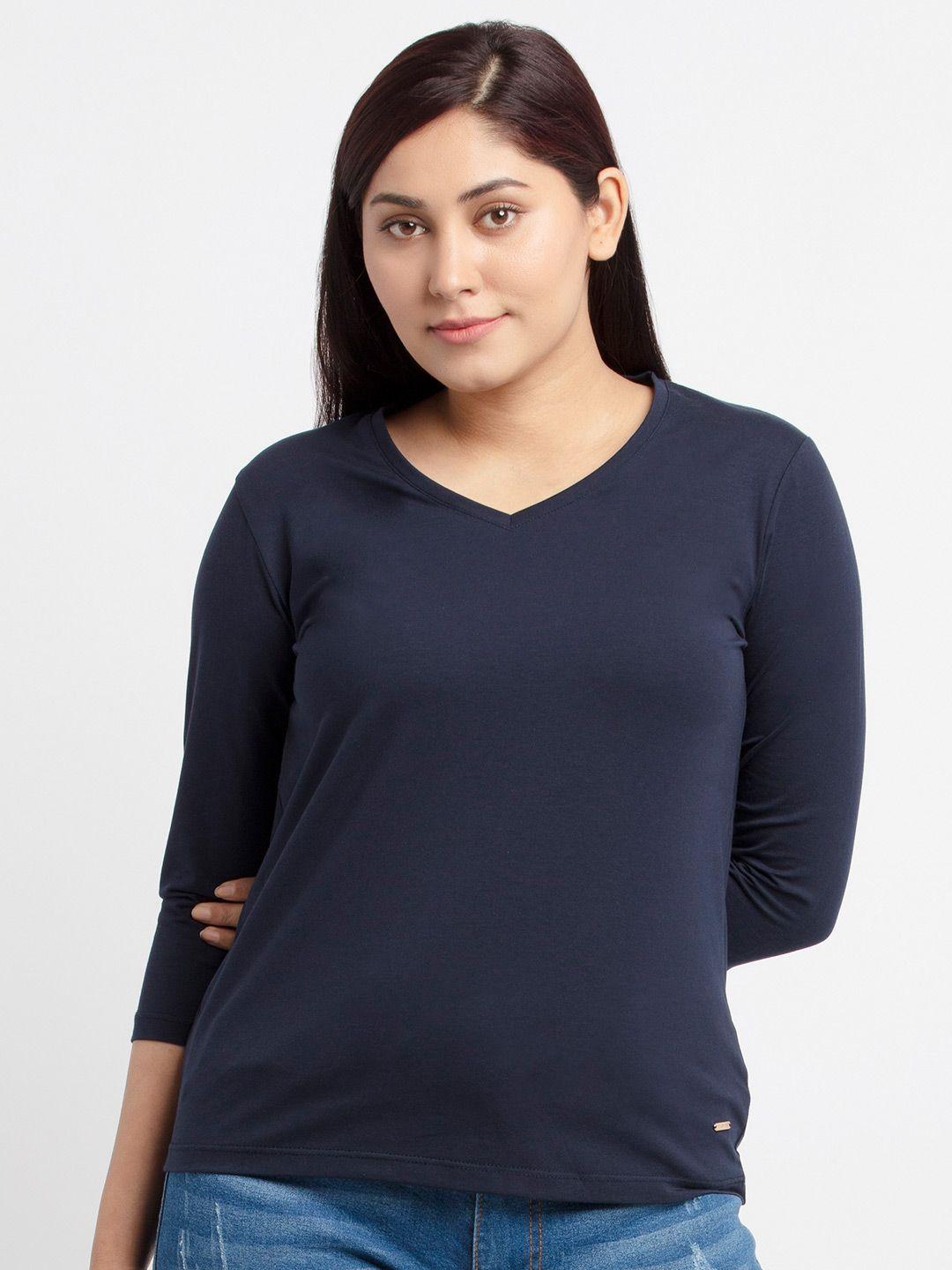 status quo women navy blue v-neck cotton t-shirt