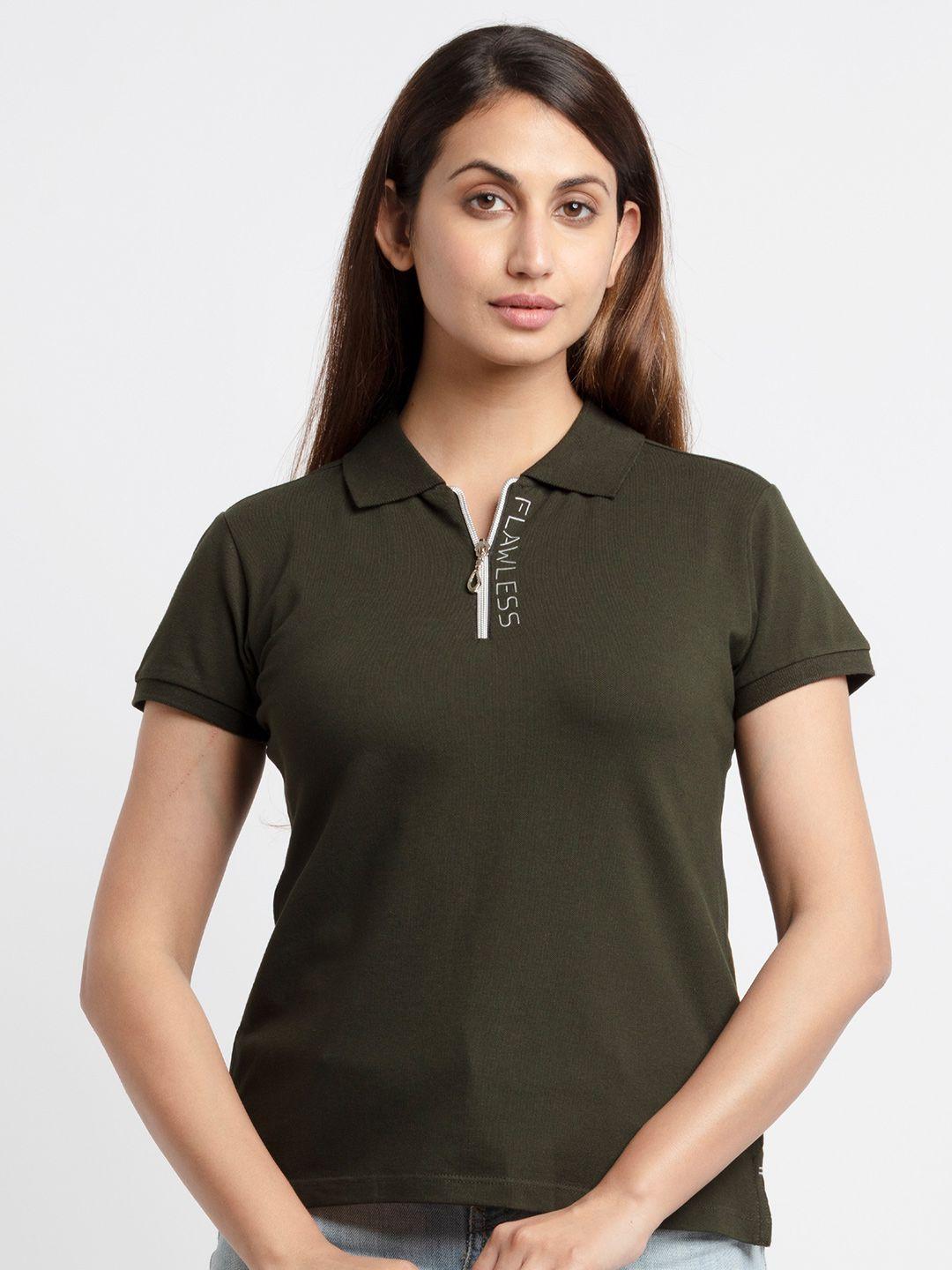 status quo women olive green polo collar t-shirt