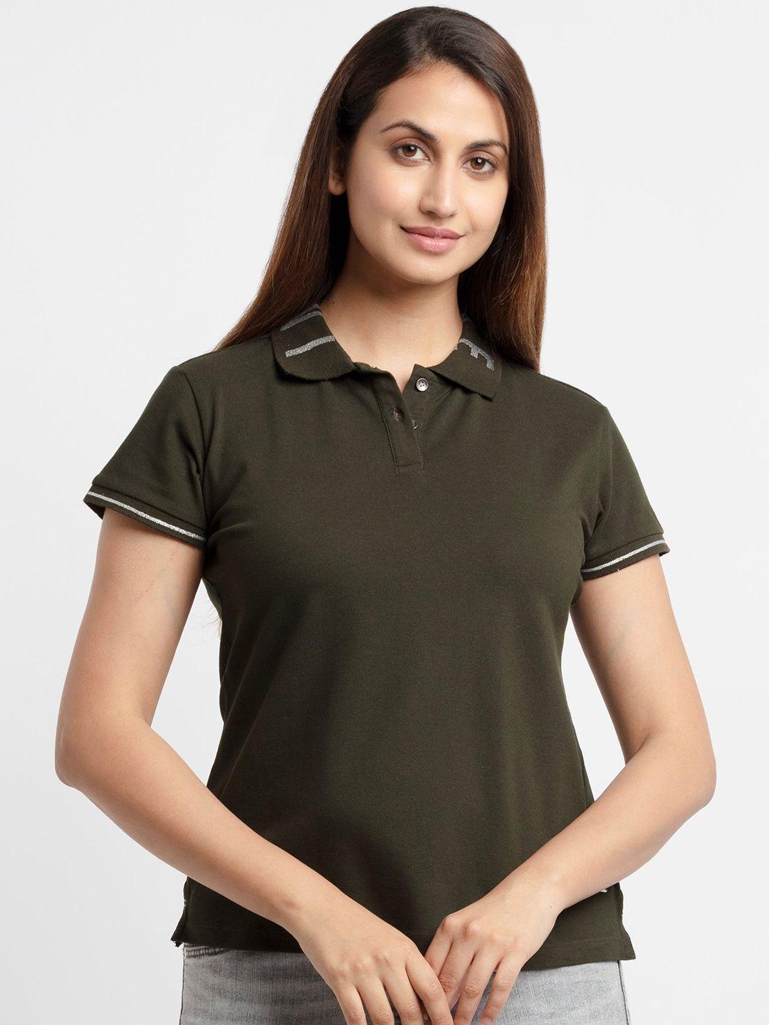 status quo women olive green regular fit polo collar cotton t-shirt