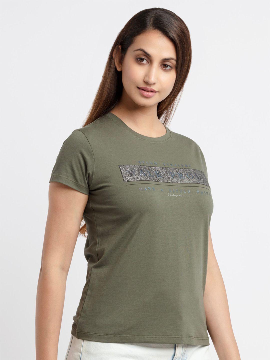 status quo women olive green typography printed cotton t-shirt