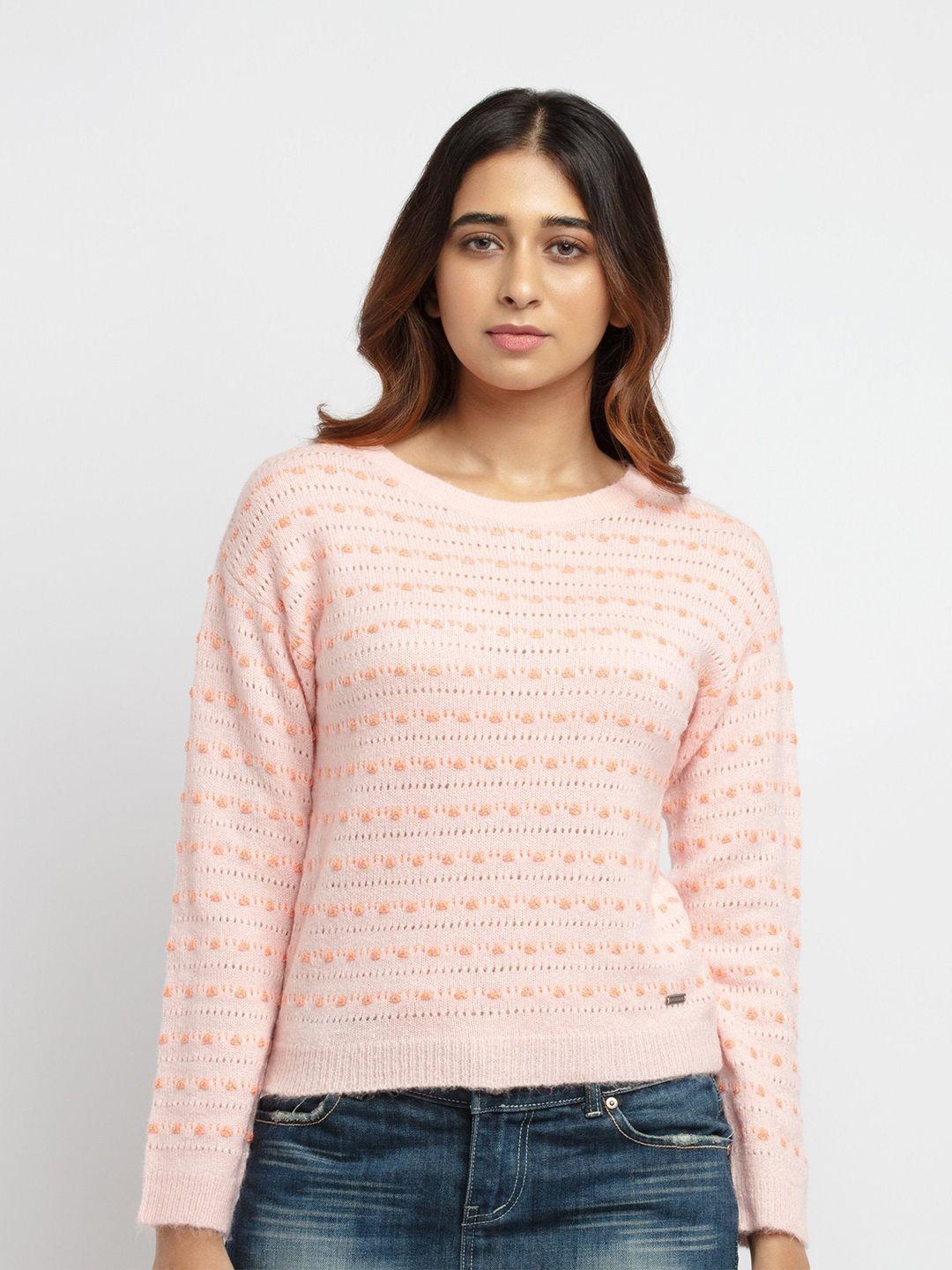 status quo women pink & orange cable knit pullover sweater