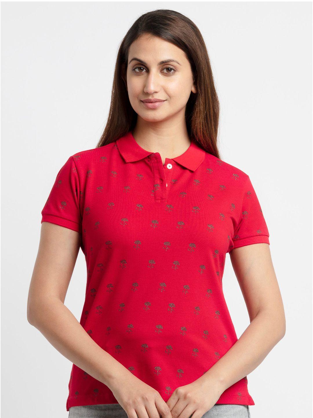 status quo women red printed polo collar t-shirt