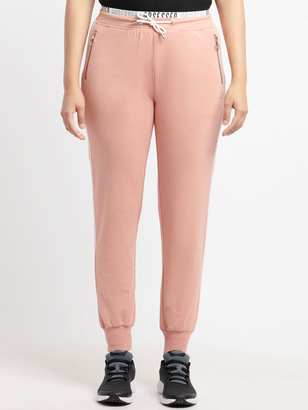 status quo women rose gold-coloured solid cotton joggers