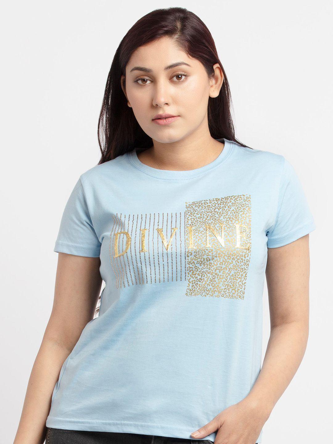 status quo women sea green printed cotton t-shirt