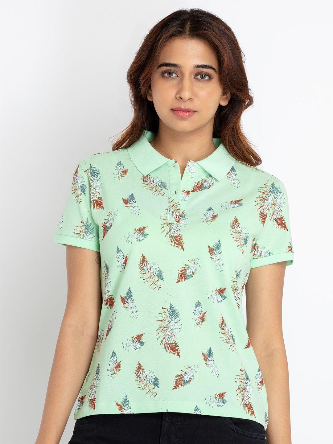 status quo women tropical printed polo collar cotton t-shirt