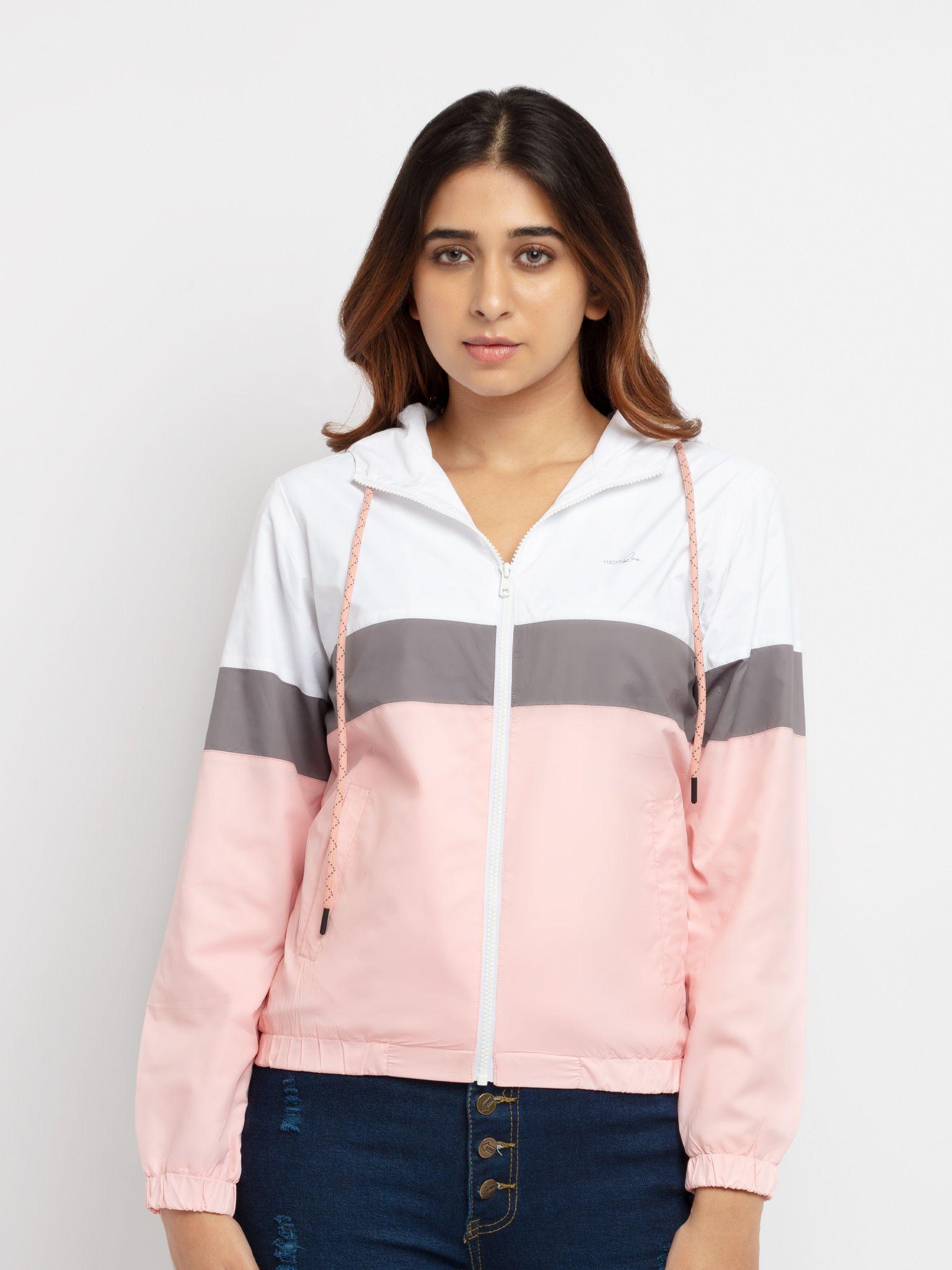 status quo women white & pink colourblocked bomber jacket