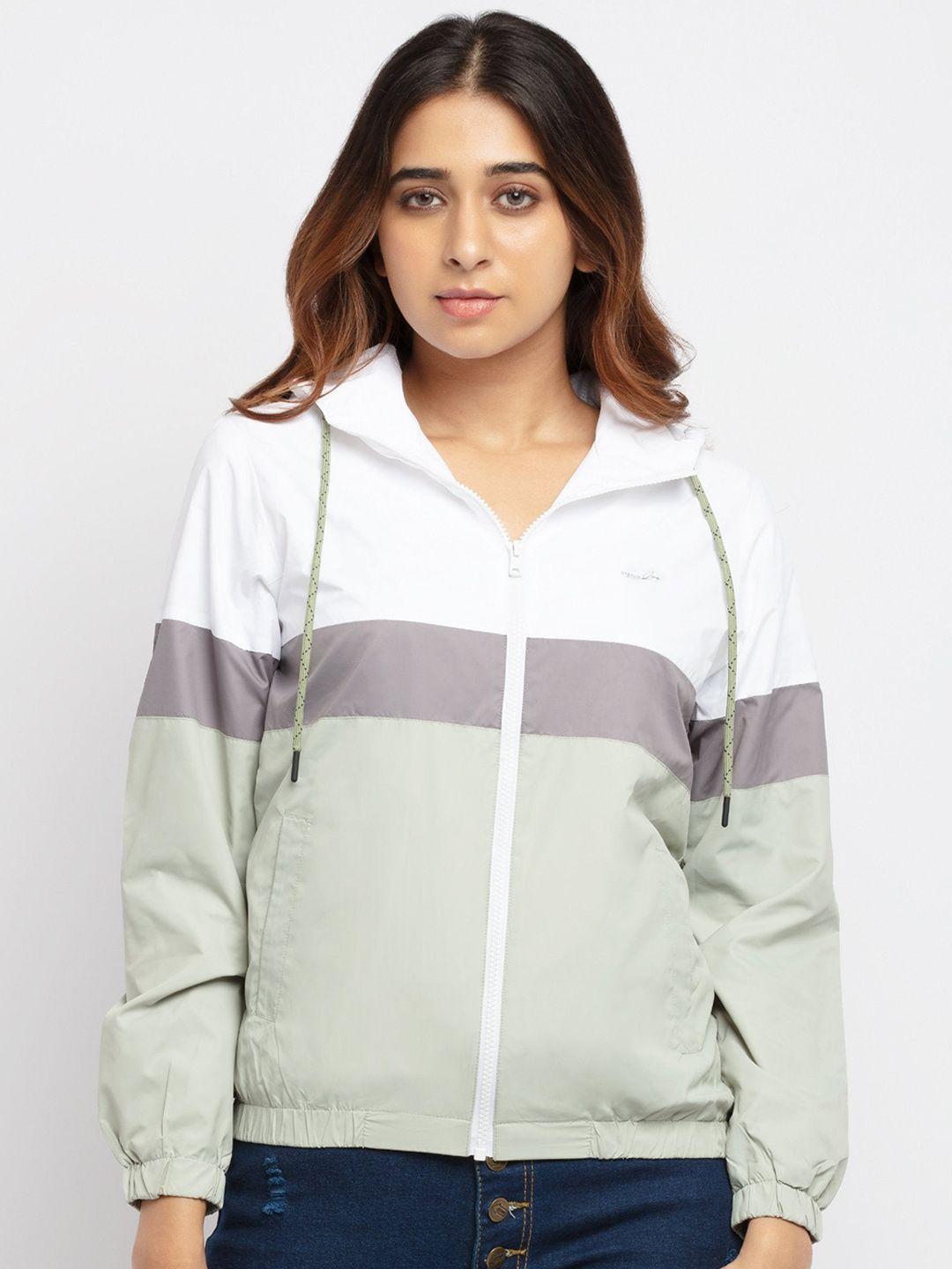 status quo women white & sea green colourblocked bomber jacket