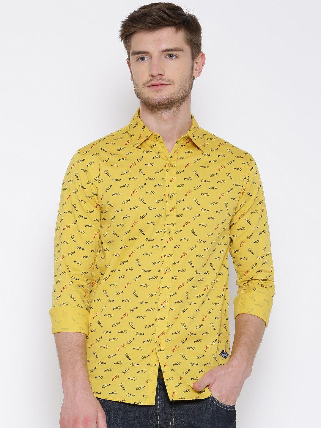 status quo yellow printed slim casual shirt