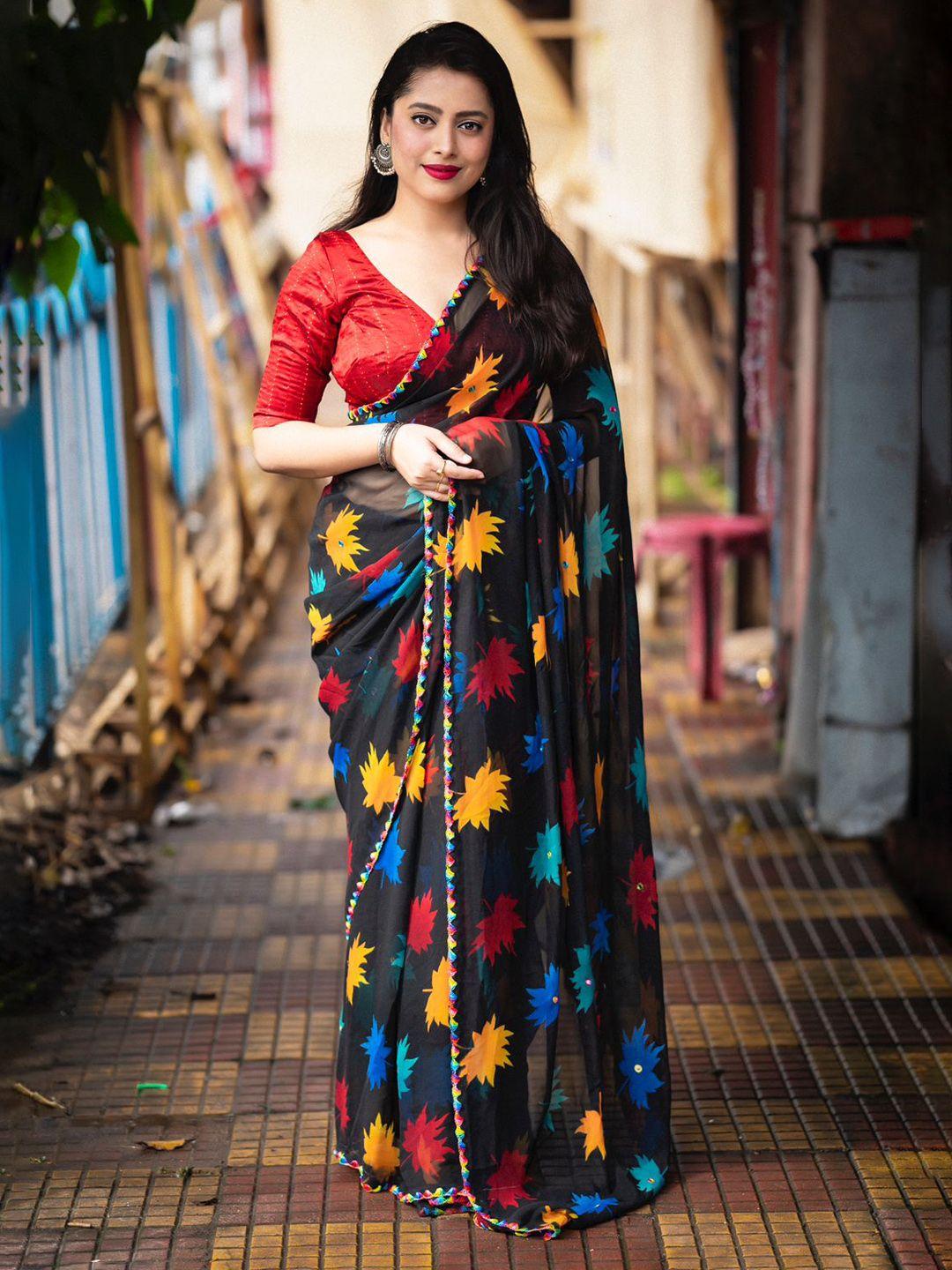 stava creation black & red floral poly georgette saree