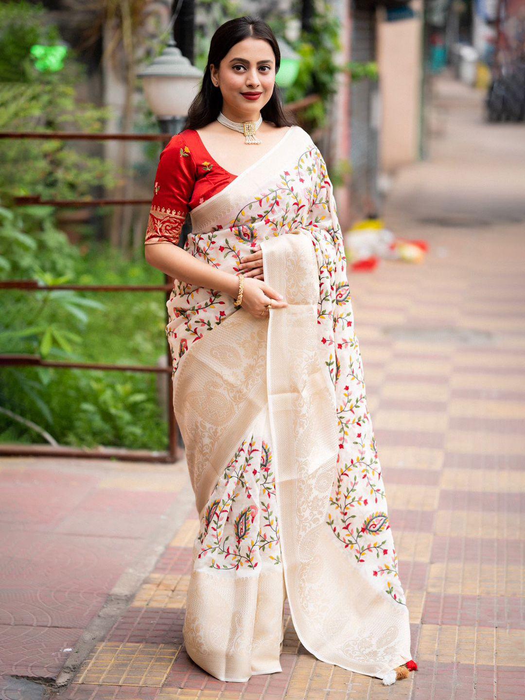 stava creation ethnic motifs embroidered jute silk heavy work saree