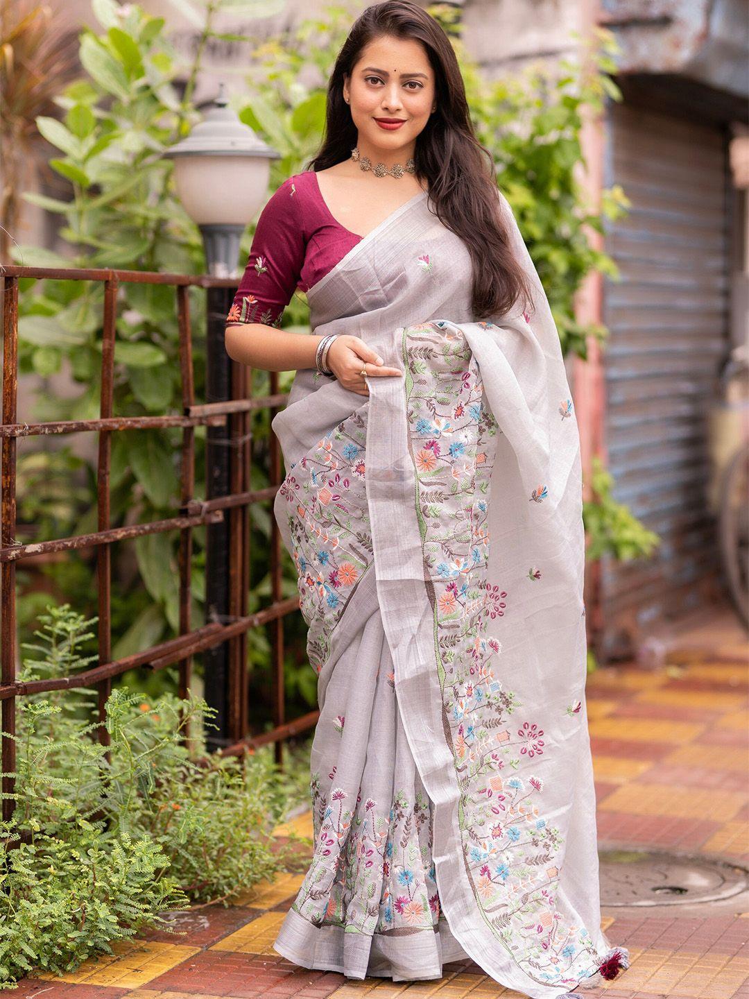 stava creation ethnic motifs embroidered pure linen designer saree
