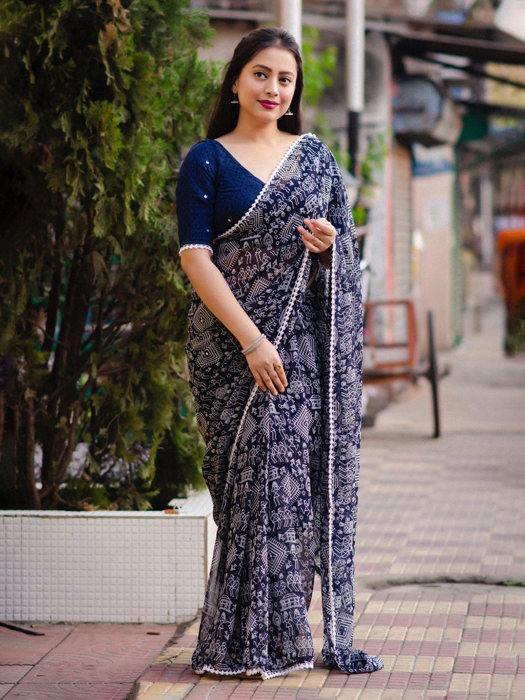 stava creation mirror work warli print saree