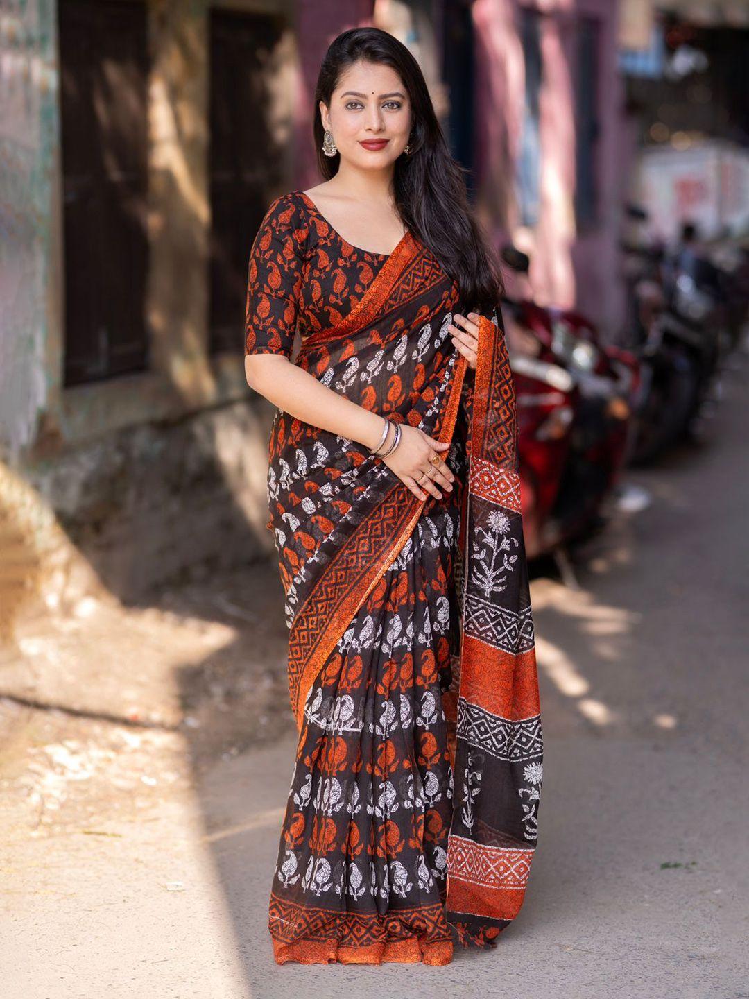 stava creation orange & black ethnic motifs linen blend saree