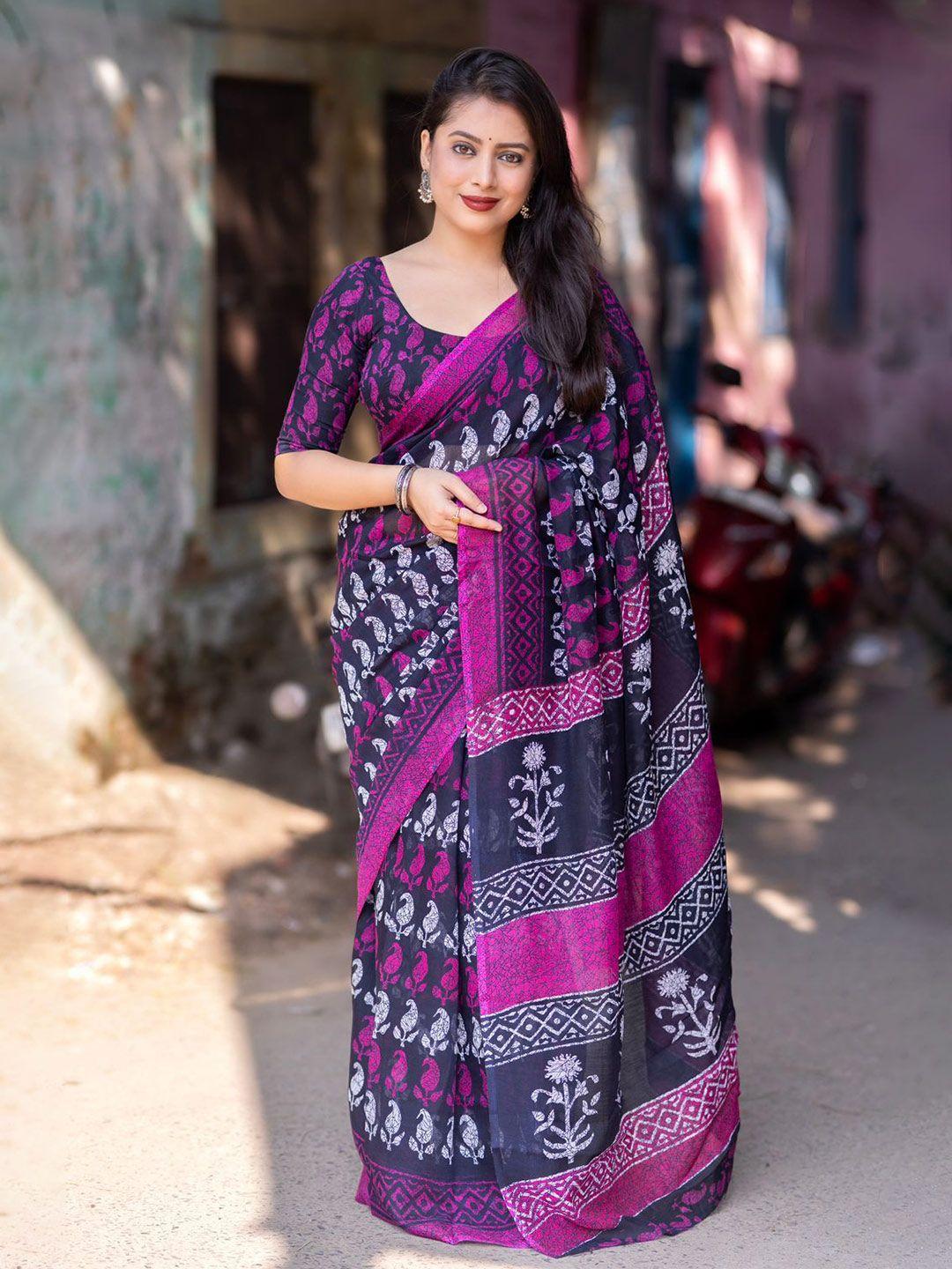 stava creation pink & black paisley linen blend ready to wear saree