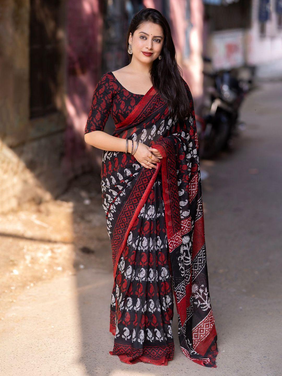 stava creation red & black paisley linen blend saree