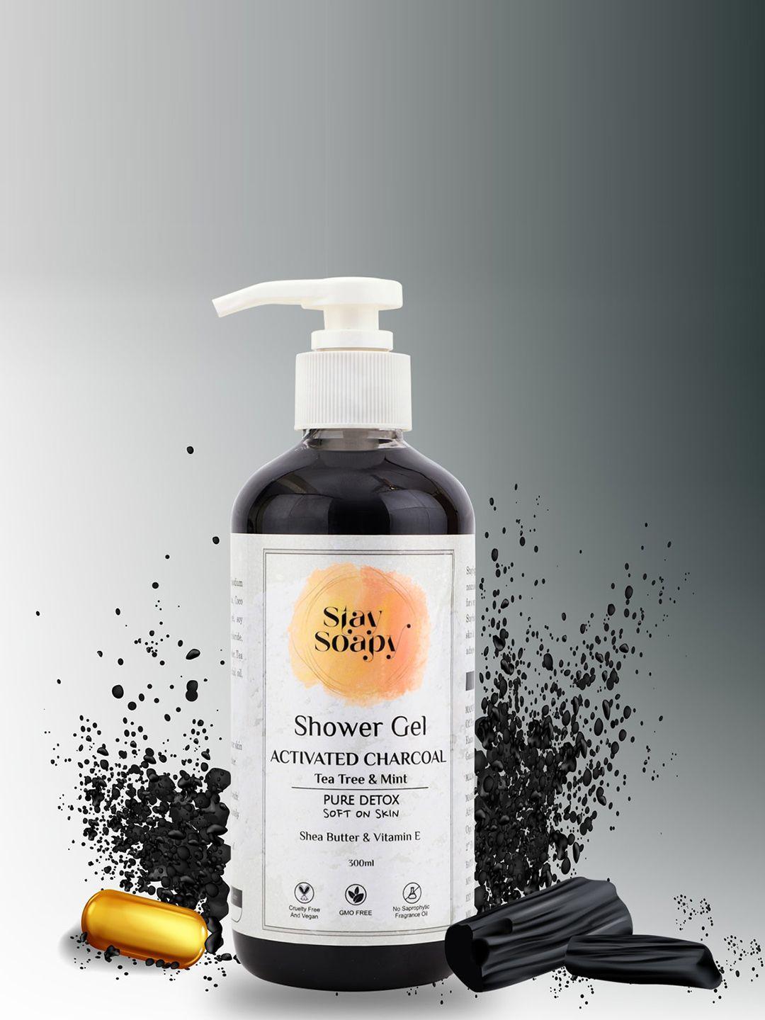 stay soapy set of 3 activated charcoal with tea tree & mint shower gel 300ml each