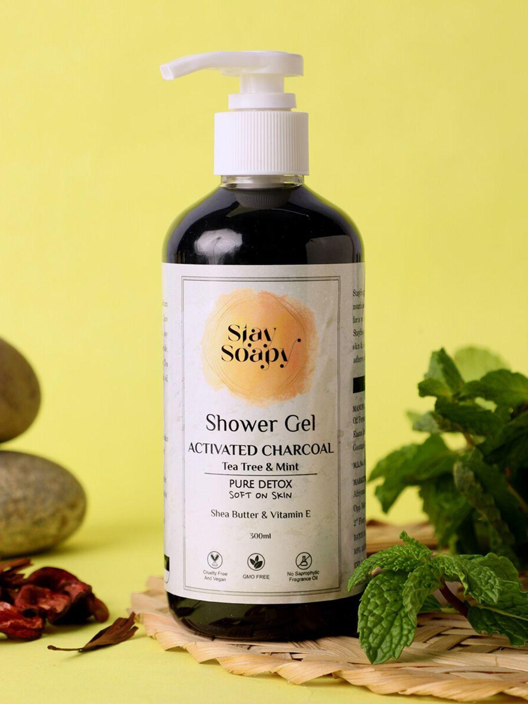 stay soapy set of 5 activated charcoal with tea tree & mint shower gel 300ml each