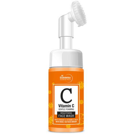 stbotanica vitamin c brightening foaming face wash with built in brush with stabilised vitamin c, turmeric, saffron, no sulphate, parabens, 120 ml