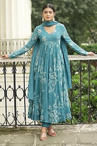 steel blue chanderi floral printed anarkali set