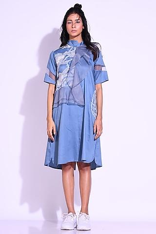 steel blue cotton satin & organza asymmetrical ruffled shirt dress