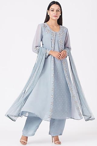 steel blue hand embroidered kurta set