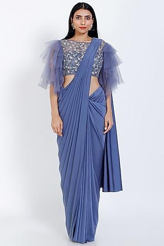 steel blue lycra draped saree set
