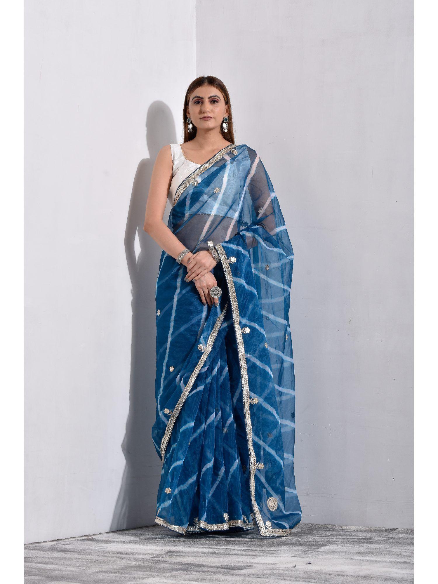 steel blue organza tissue saree with unstitched blouse