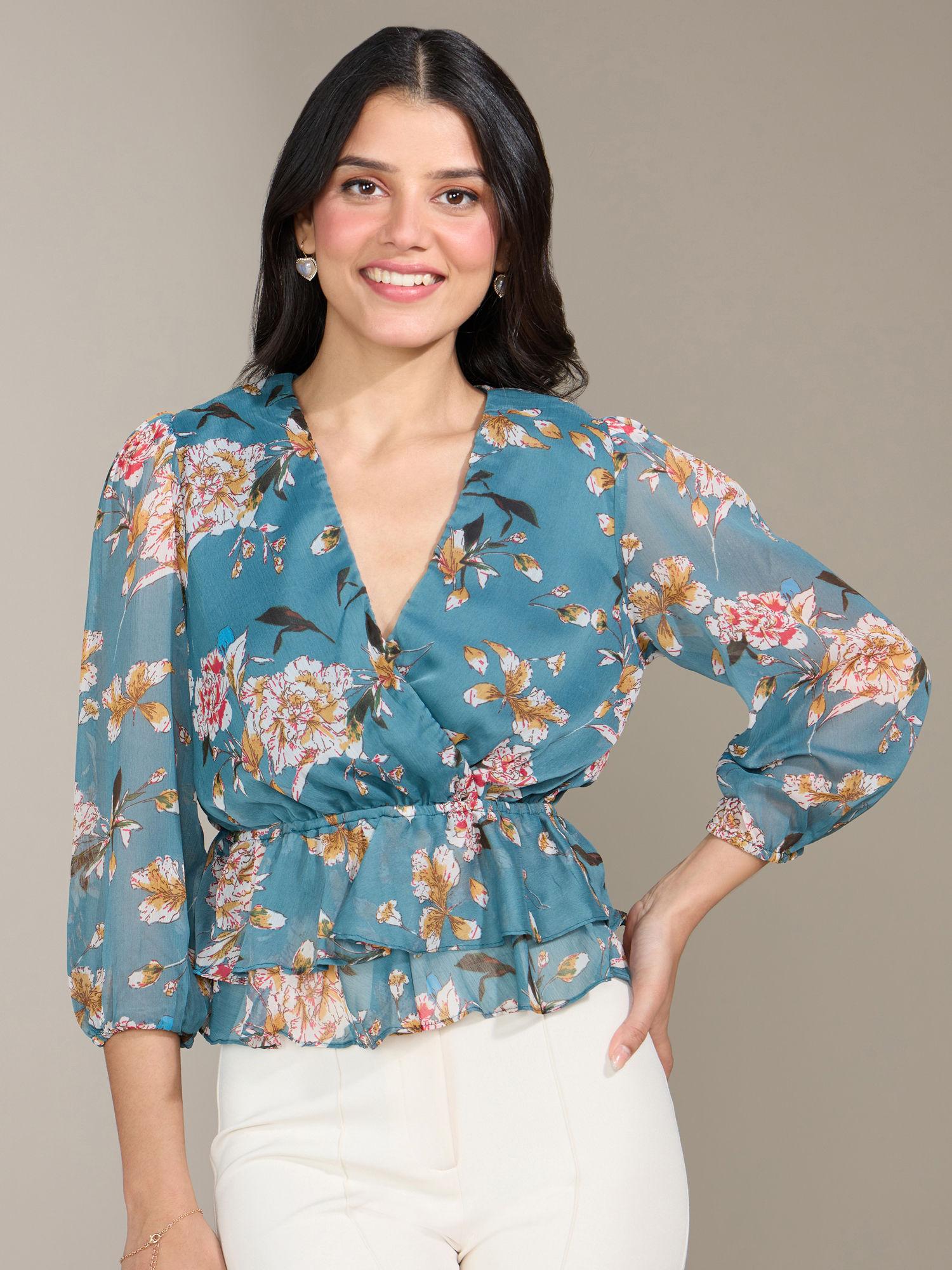 steel blue ruffle floral print v neck wrap top