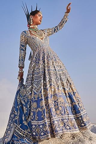 steel blue upada silk hand embroidered anarkali set